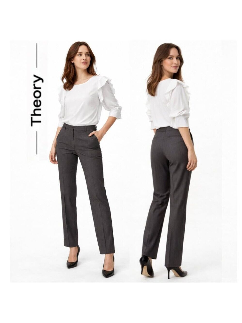 Theory Namiko Wool Pinstripe Trousers Grey Tailored Slim Workwear 10